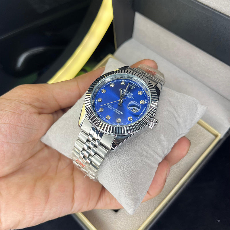 Rollie Men's Quartz Royal Blue Diamond Dial Luxury Jubilee Chain Watch