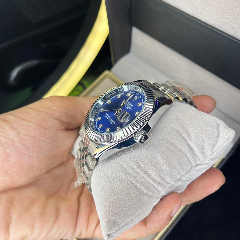 Rollie Men's Quartz Royal Blue Diamond Dial Luxury Jubilee Chain Watch