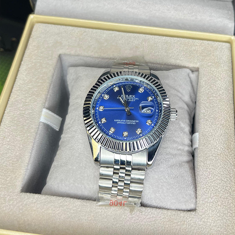 Rollie Men's Quartz Royal Blue Diamond Dial Luxury Jubilee Chain Watch