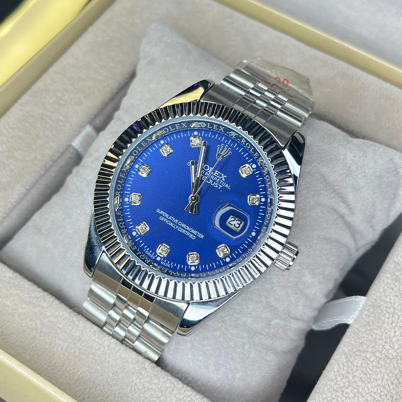 Rollie Men's Quartz Royal Blue Diamond Dial Luxury Jubilee Chain Watch