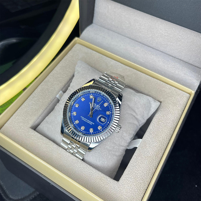 Rollie Men's Quartz Royal Blue Diamond Dial Luxury Jubilee Chain Watch