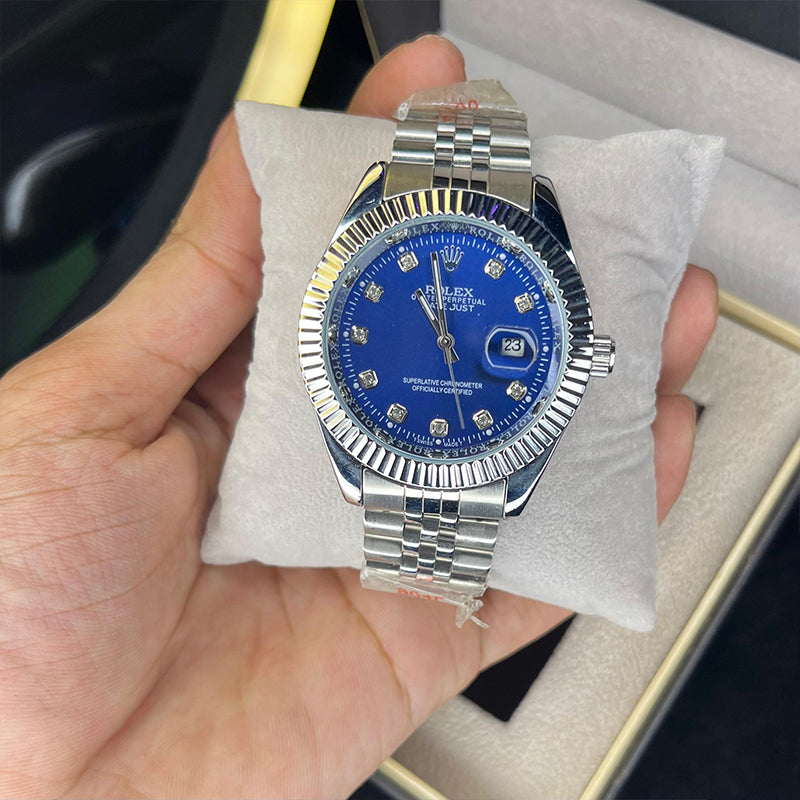 Rollie Men's Quartz Royal Blue Diamond Dial Luxury Jubilee Chain Watch