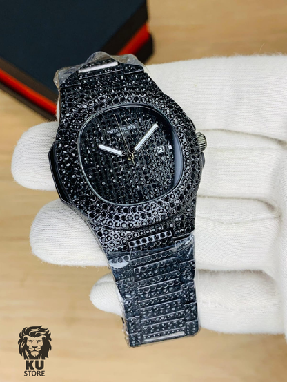 Patek Philippe Stainless Steel Men’s Quartz Full Stone Iced Watch
