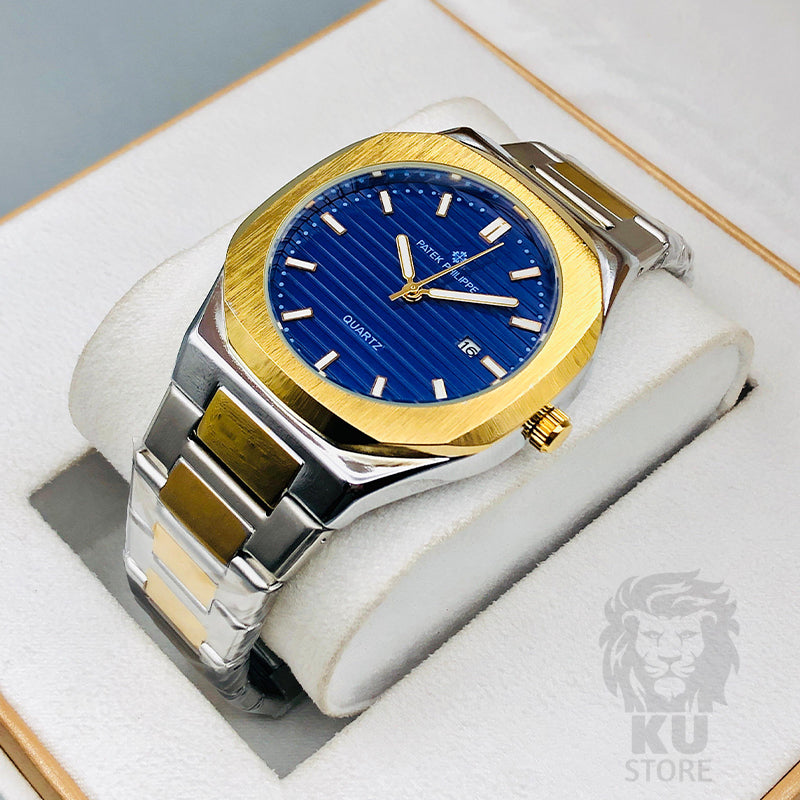 Patek Philippe Men's Luxury Quartz Watch – Date Dial & Stainless Steel Two-tone Chain