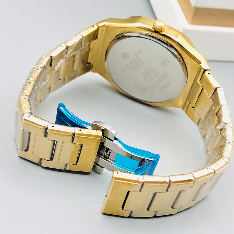 Patek Philippe Men's Luxury Quartz Watch – Date Dial & Stainless Steel Chain