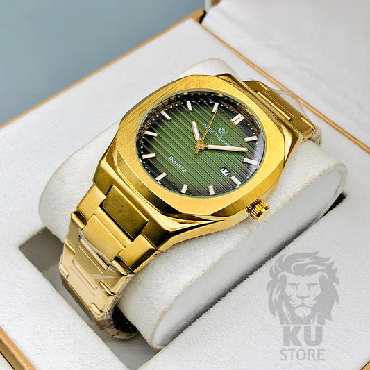 Patek Philippe Men's Luxury Quartz Watch – Date Dial & Stainless Steel Chain