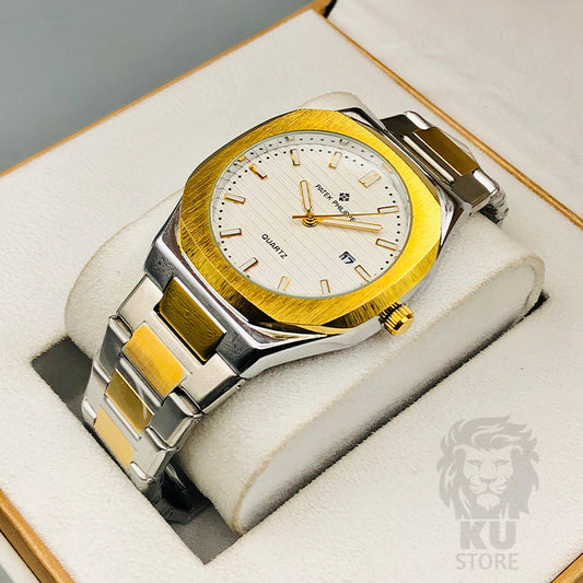 Patek Philippe Men's Luxury Quartz Watch – Date Dial & Stainless Steel Two-tone Chain
