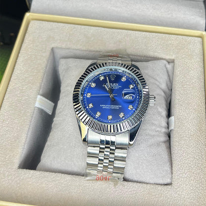 Rollie Men's Quartz Royal Blue Diamond Dial Luxury Jubilee Chain Watch