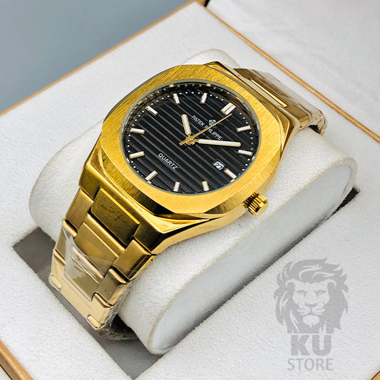 Patek Philippe Men's Luxury Quartz Watch – Date Dial & Stainless Steel Chain