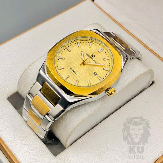 Patek Philippe Men's Luxury Quartz Watch – Date Dial & Stainless Steel Two-tone Chain