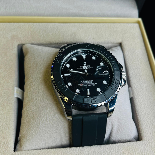 Men’s Luxury RLX Yacht Master Quartz Watch with Black Silicone Strap
