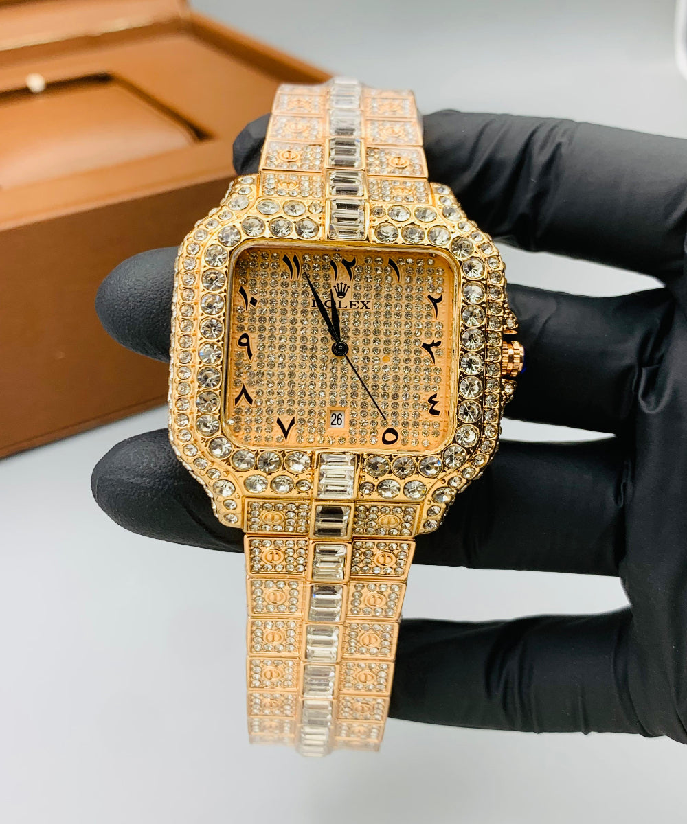 RLX Iced Out Full Stone Quartz Watch Premium Stainless Steel Men's Luxury Timepiece