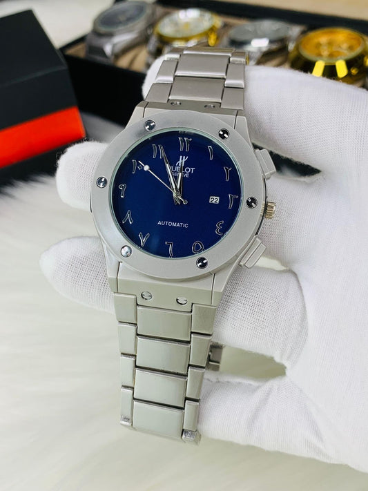 Hublot Classic Edition Watch for Men – Arabic Dial | Silver Chain | Blue Date Dial