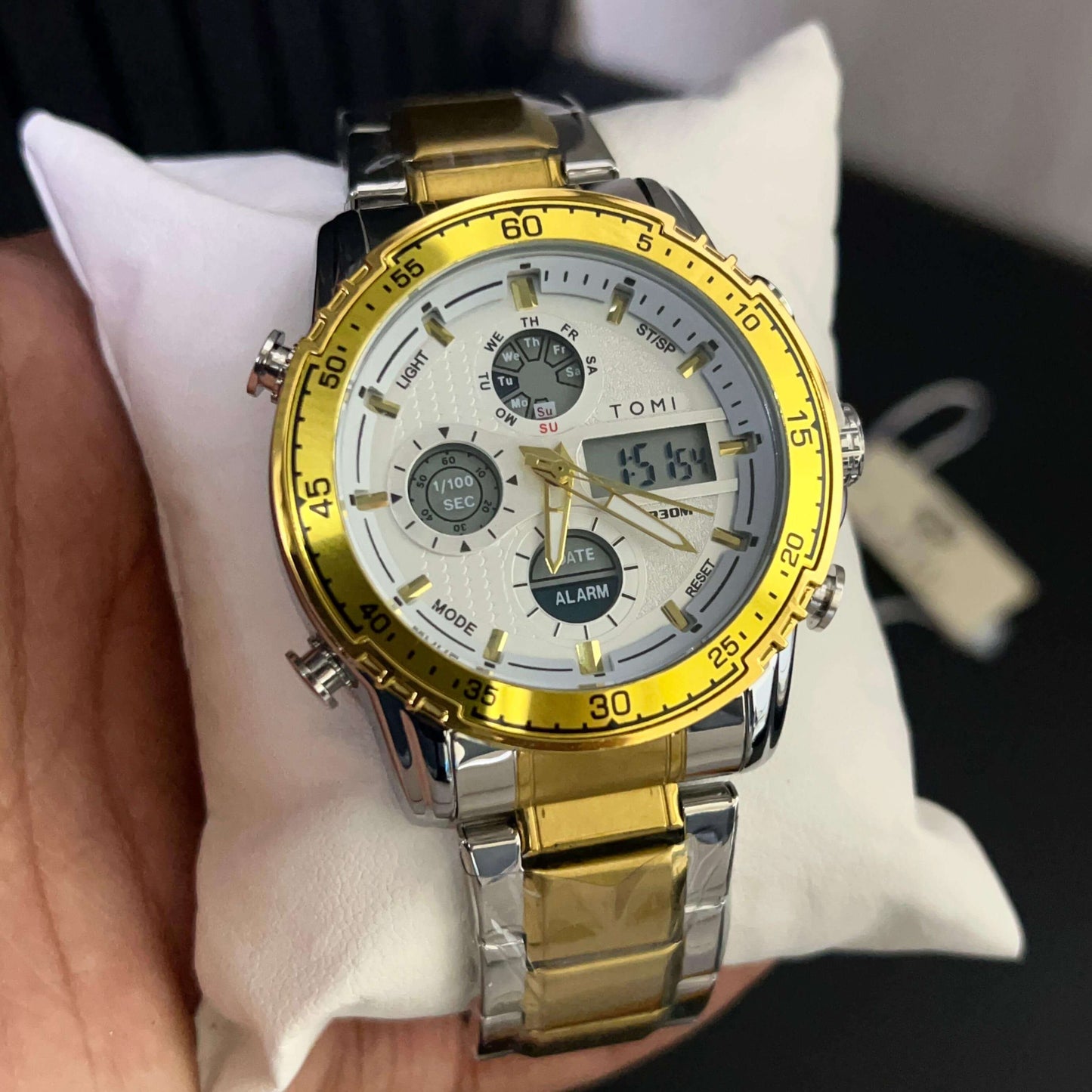 TOMI Men's Dual Time Stainless Steel Chain Analog + Digital Watch