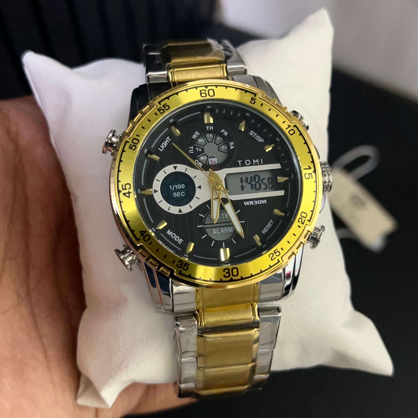 TOMI Men's Dual Time Stainless Steel Chain Analog + Digital Watch