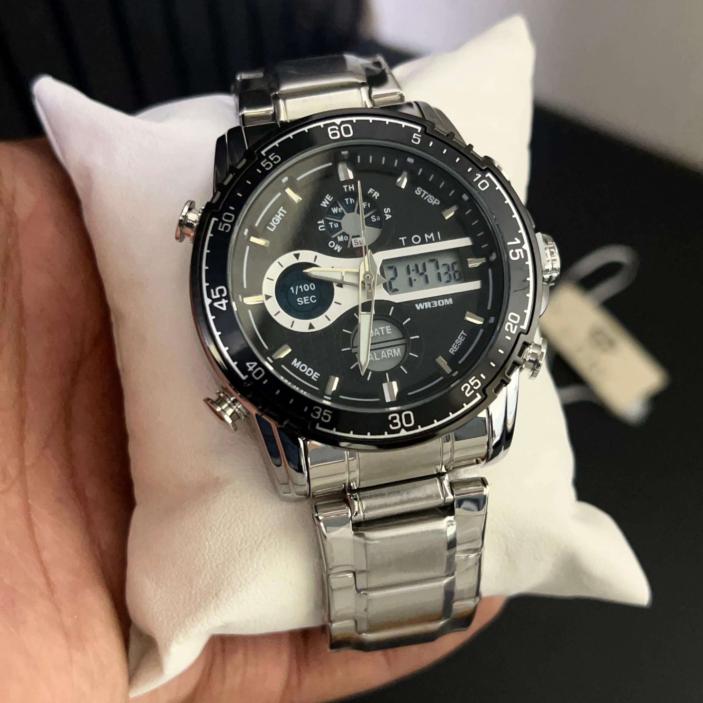 TOMI Men's Dual Time Stainless Steel Chain Analog + Digital Watch