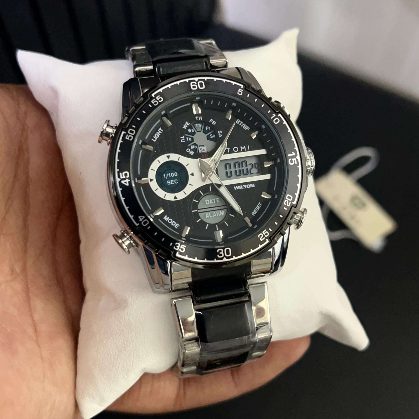 TOMI Men's Dual Time Stainless Steel Chain Analog + Digital Watch