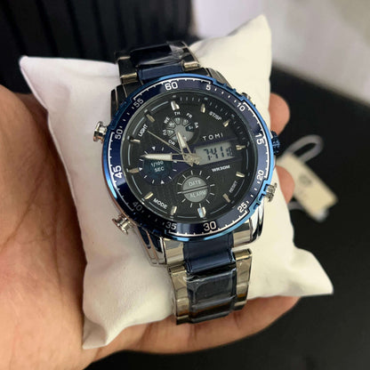 TOMI Men's Dual Time Stainless Steel Chain Analog + Digital Watch