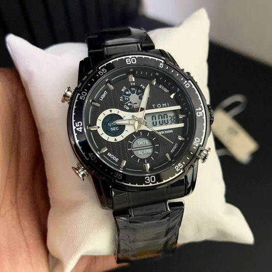 TOMI Men's Dual Time Stainless Steel Chain Analog + Digital Watch