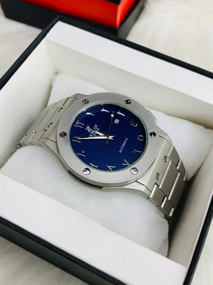 Hublot Classic Edition Watch for Men – Arabic Dial | Silver Chain | Blue Date Dial