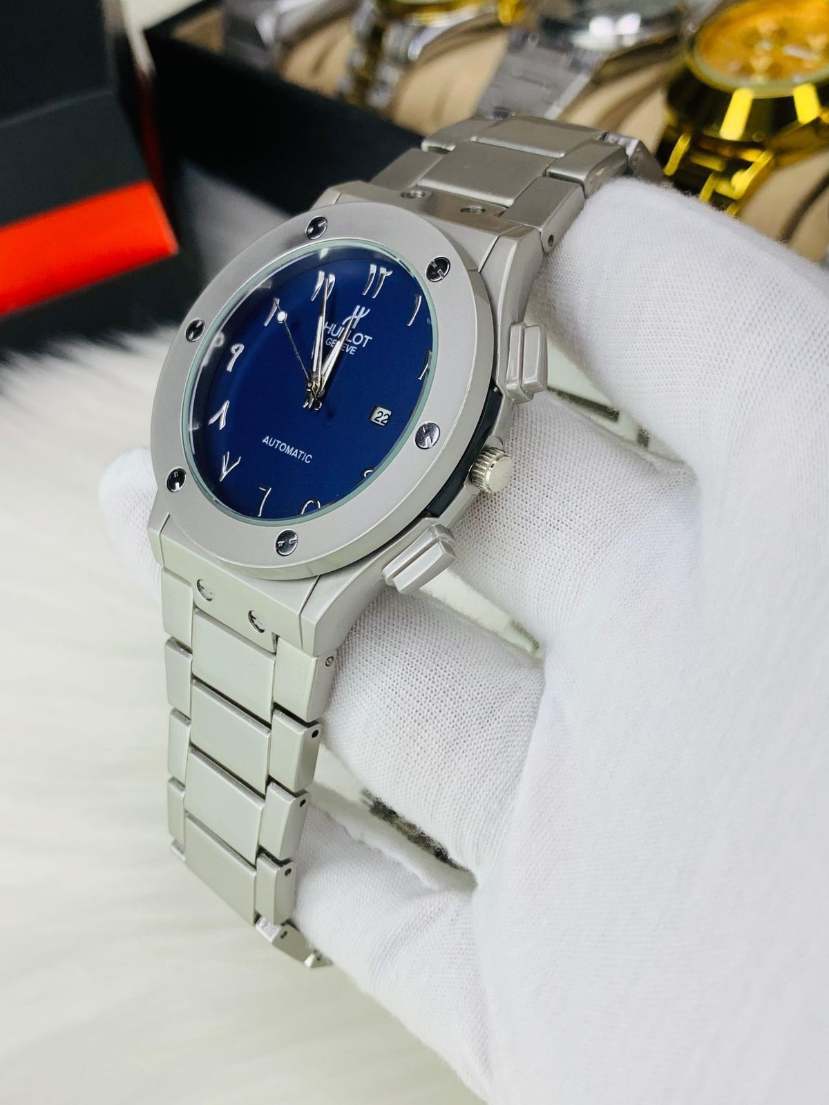 Hublot Classic Edition Watch for Men – Arabic Dial | Silver Chain | Blue Date Dial