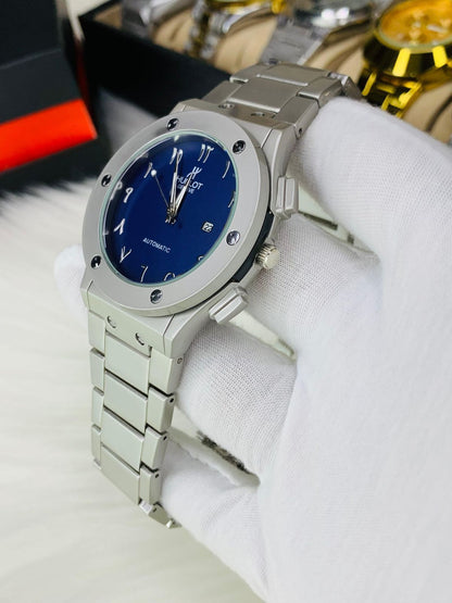 Hublot Classic Edition Watch for Men – Arabic Dial | Silver Chain | Blue Date Dial