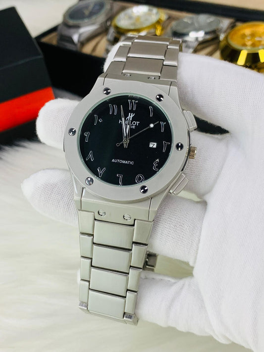 Hublot Classic Edition Watch for Men – Arabic Dial | Silver Chain | Black Date Dial
