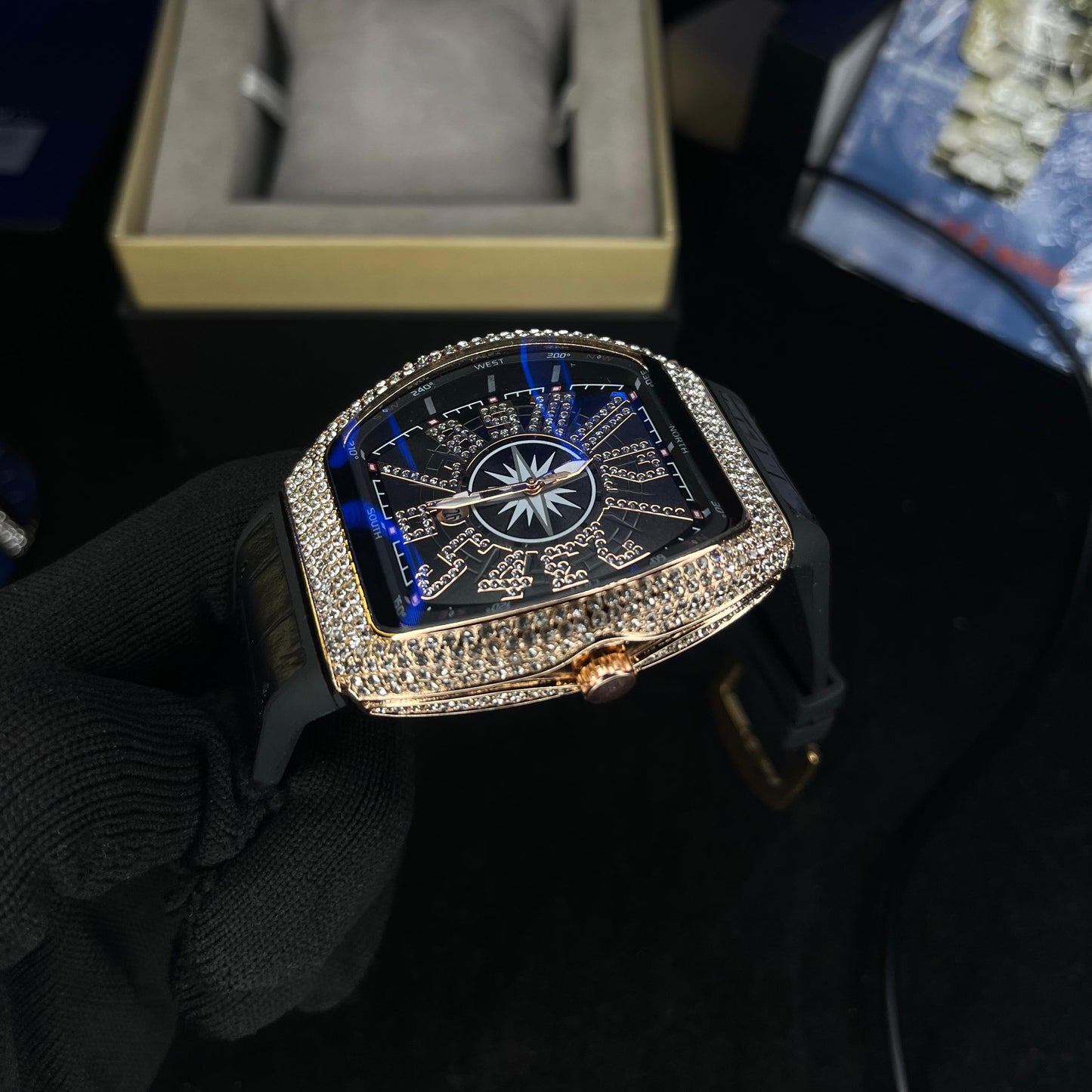 Frank Muller Iced Black Dial Black Hybrid Strap Luxury Men’s Watch