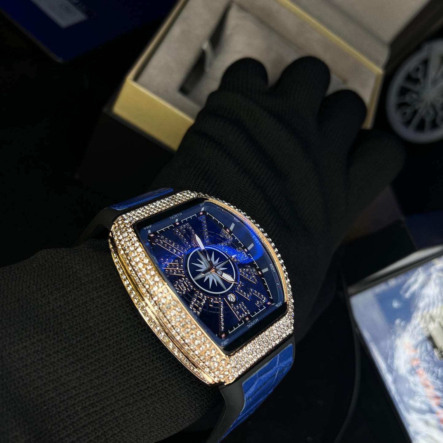 Frank Muller Iced Blue Dial Blue Hybrid Strap Luxury Men’s Watch