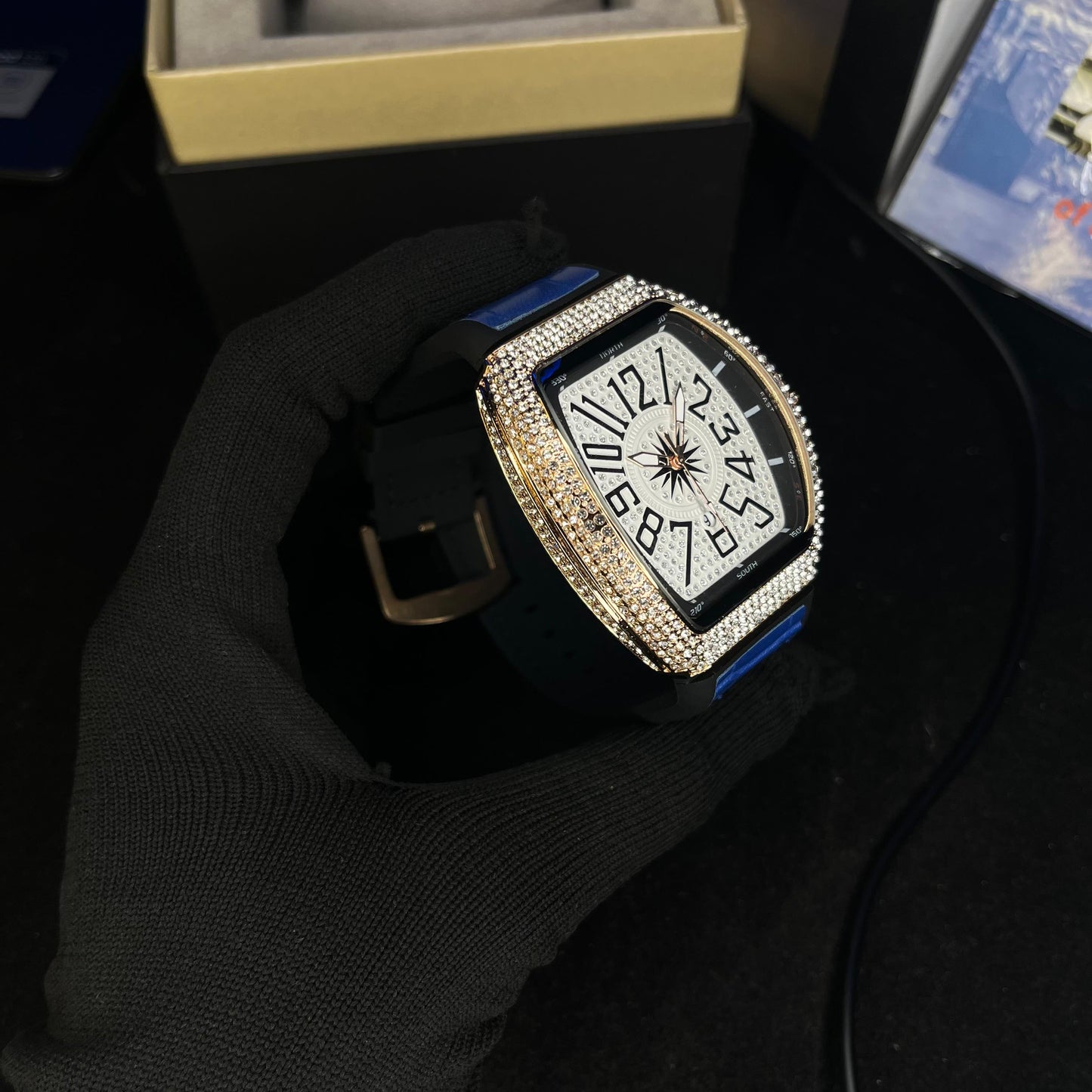 Frank Muller Iced Silver Dial Blue Hybrid Strap Luxury Men’s Watch