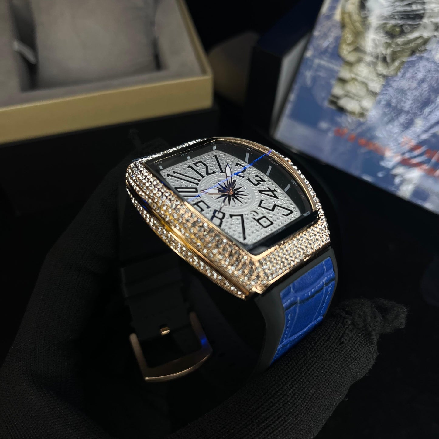Frank Muller Iced Silver Dial Blue Hybrid Strap Luxury Men’s Watch