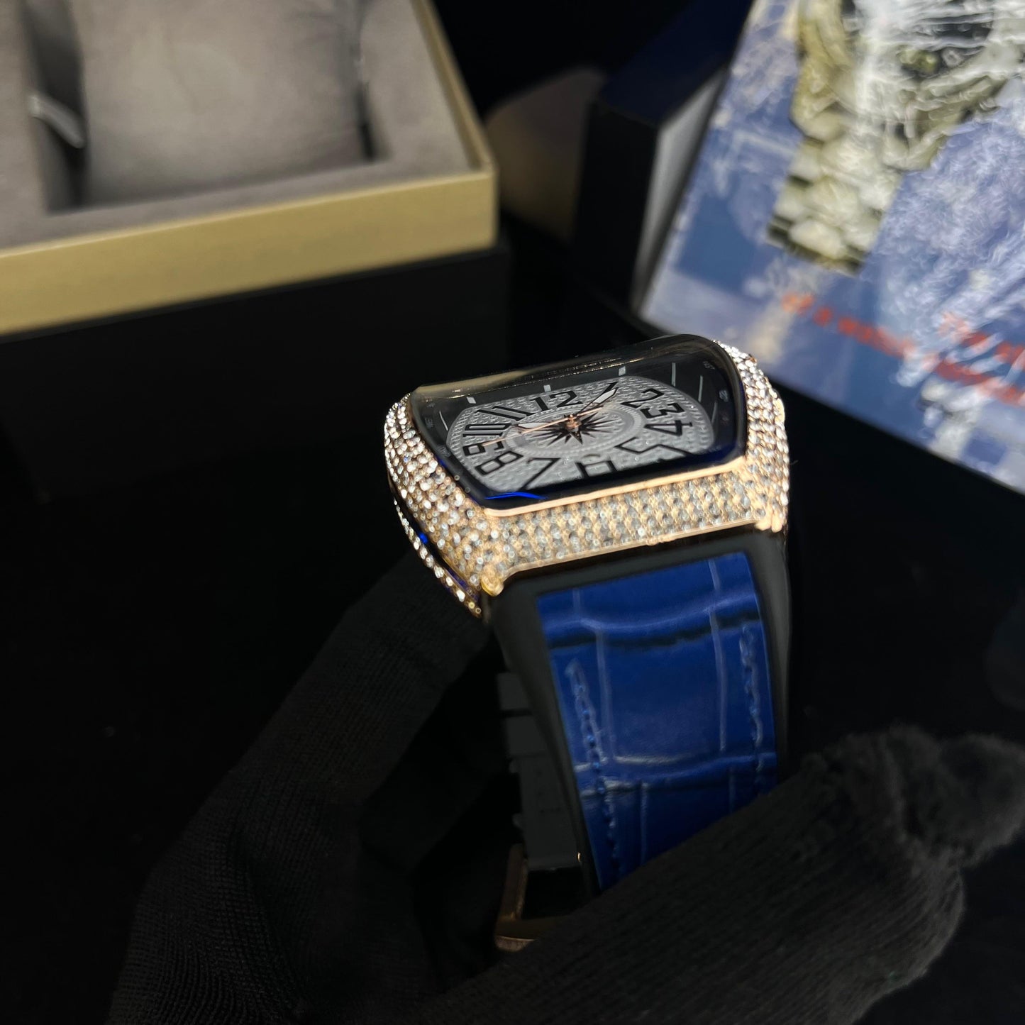 Frank Muller Iced Silver Dial Blue Hybrid Strap Luxury Men’s Watch