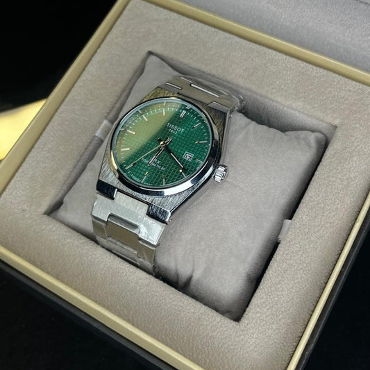 Tissot PRX Men's Quartz 40mm – Green Dial, Date Display, Silver Chain