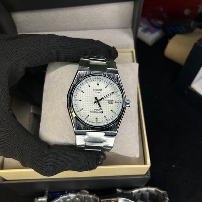 Tissot PRX Men's Quartz 40mm – White Dial, Date Display, Silver Chain