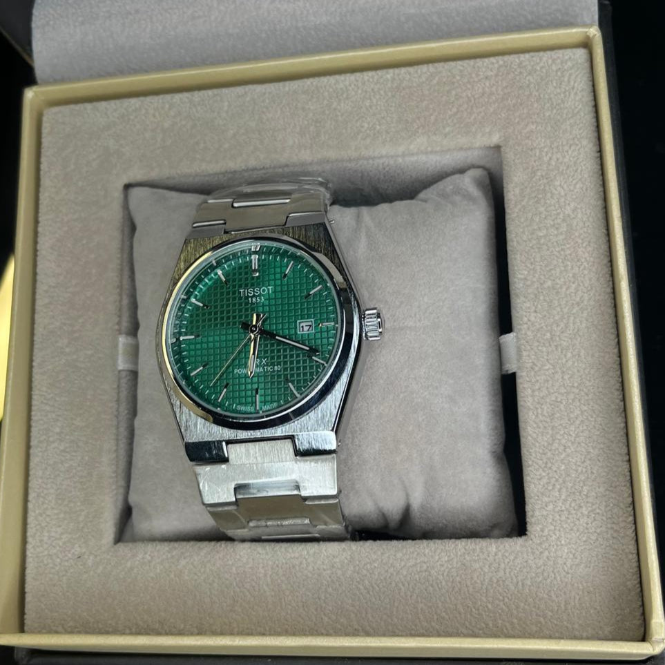 Tissot PRX Men's Quartz 40mm – Green Dial, Date Display, Silver Chain