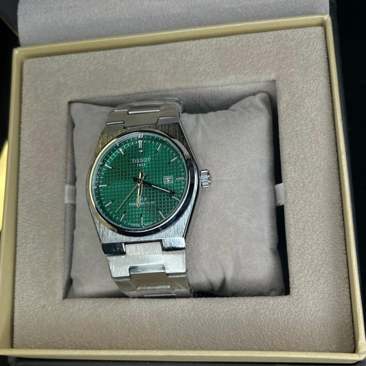 Tissot PRX Men's Quartz 40mm – Green Dial, Date Display, Silver Chain