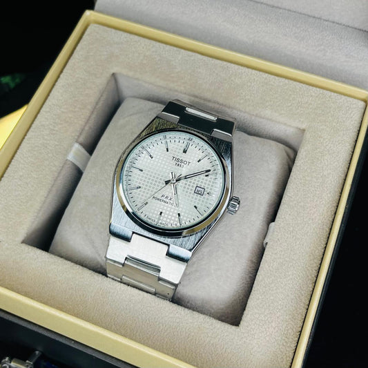 Tissot PRX Men's Quartz 40mm – White Dial, Date Display, Silver Chain