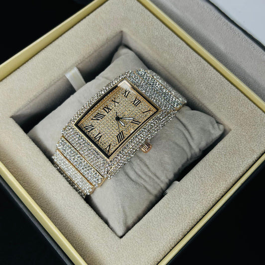 Unisex Luxury Rose Gold Iced Out Square Watch – Date Dial & Butterfly Lock