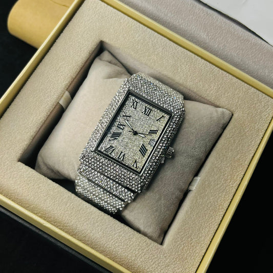 Unisex Luxury Silver Iced Out Square Watch – Date Dial & Butterfly Lock