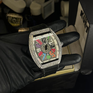 Franck Muller Multi-Color Iced Dial Luxury Men’s Watch – with Black Hybrid Strap