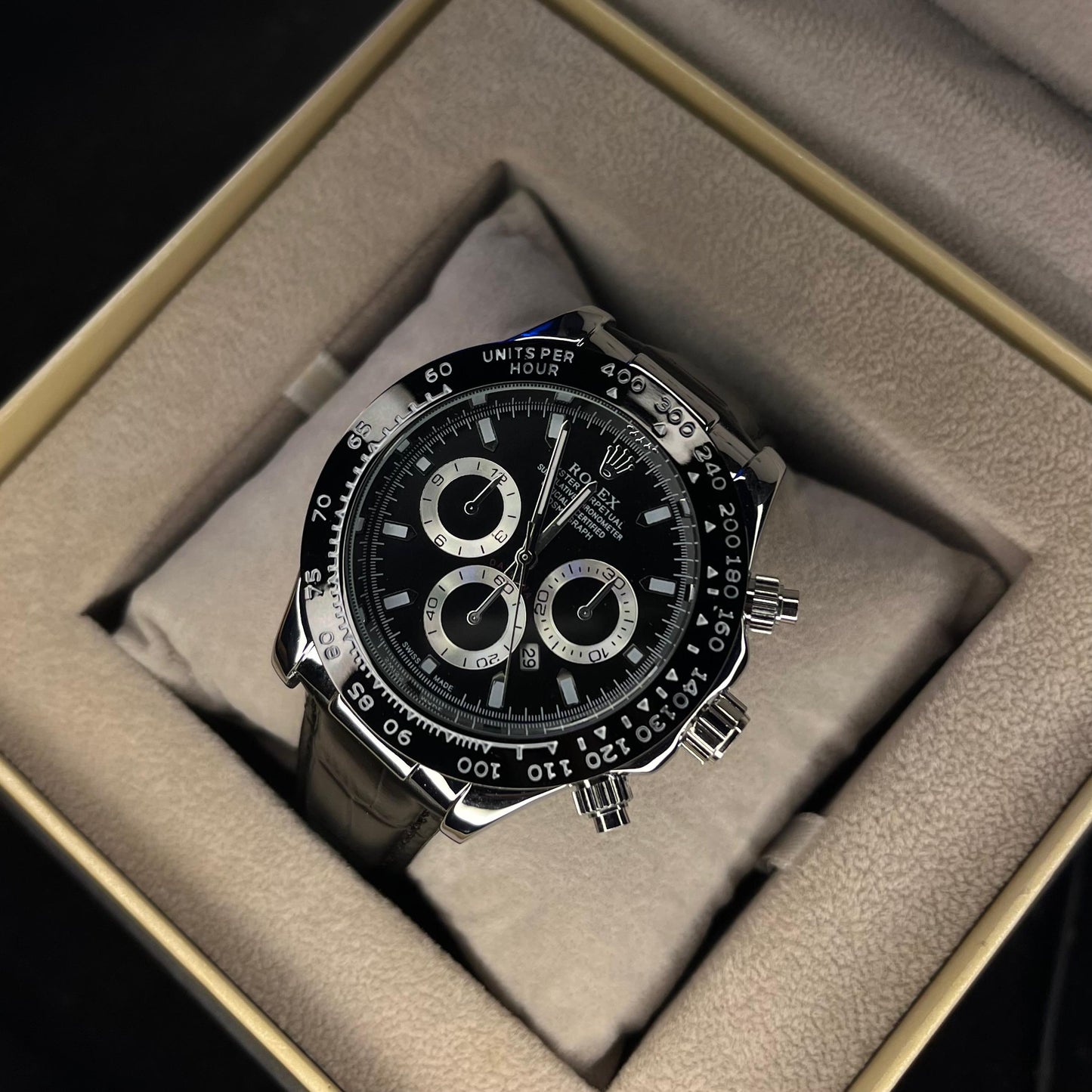 RLX Daytona – Men's Watch | All Black With Date | Leather Strap