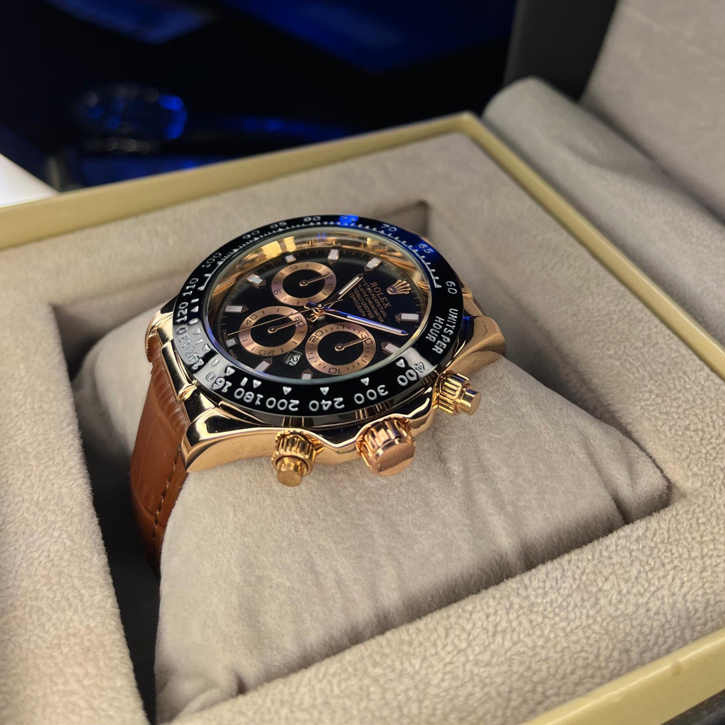 RLX Daytona – Men's Watch | Black Dial with Date | Brown Leather Strap