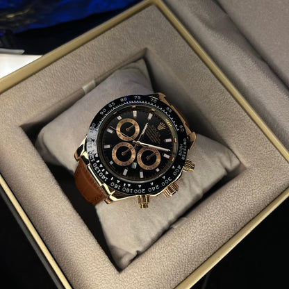 RLX Daytona – Men's Watch | Black Dial with Date | Brown Leather Strap