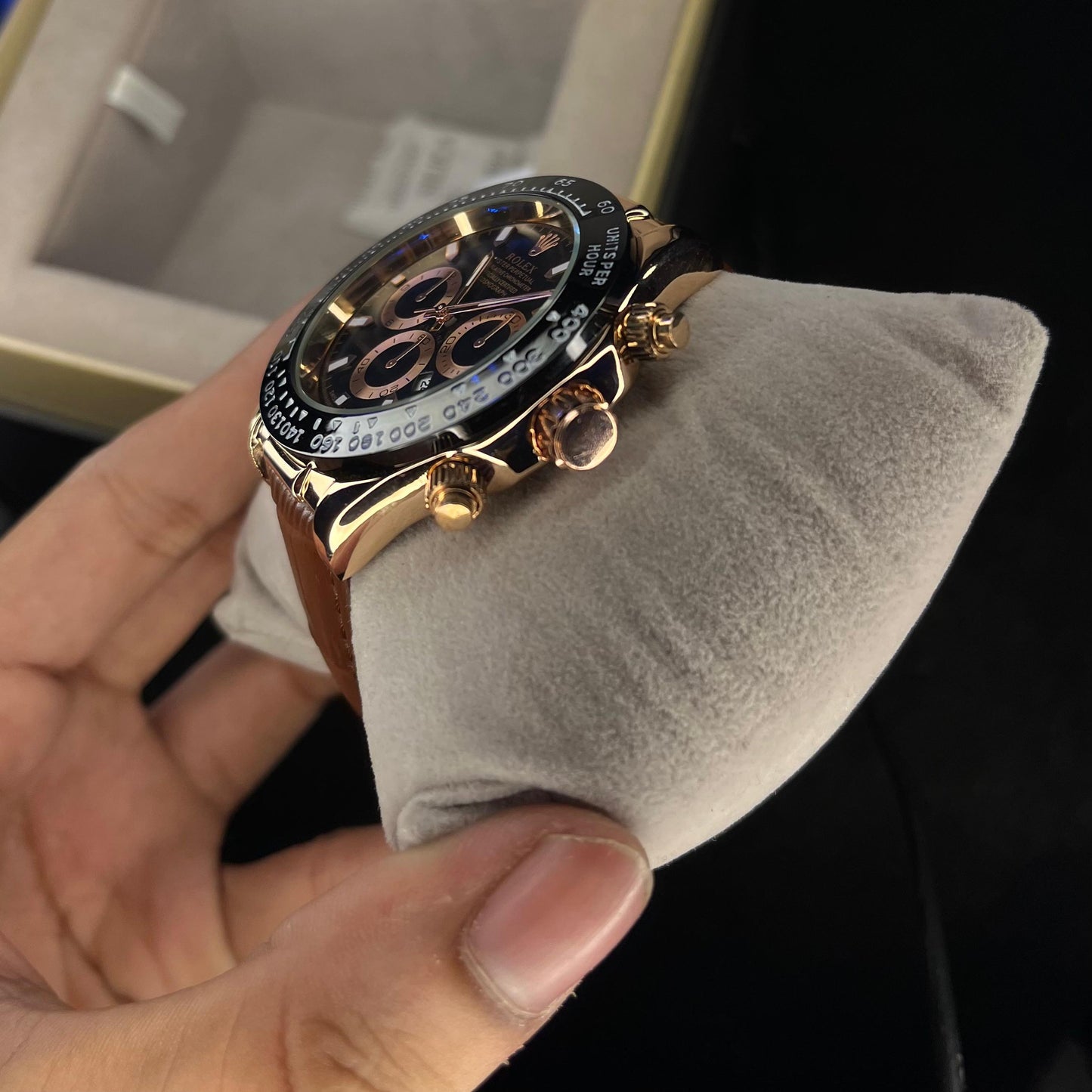 RLX Daytona – Men's Watch | Black Dial with Date | Brown Leather Strap