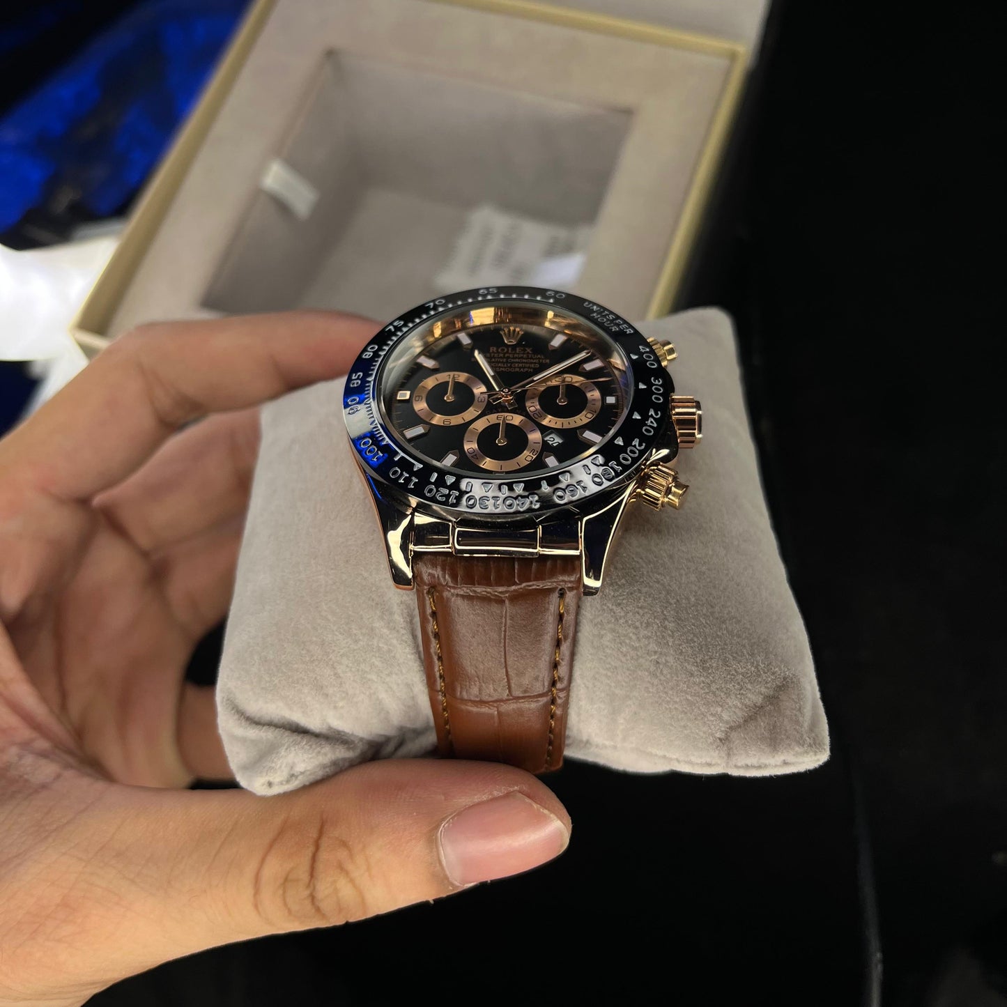 RLX Daytona – Men's Watch | Black Dial with Date | Brown Leather Strap