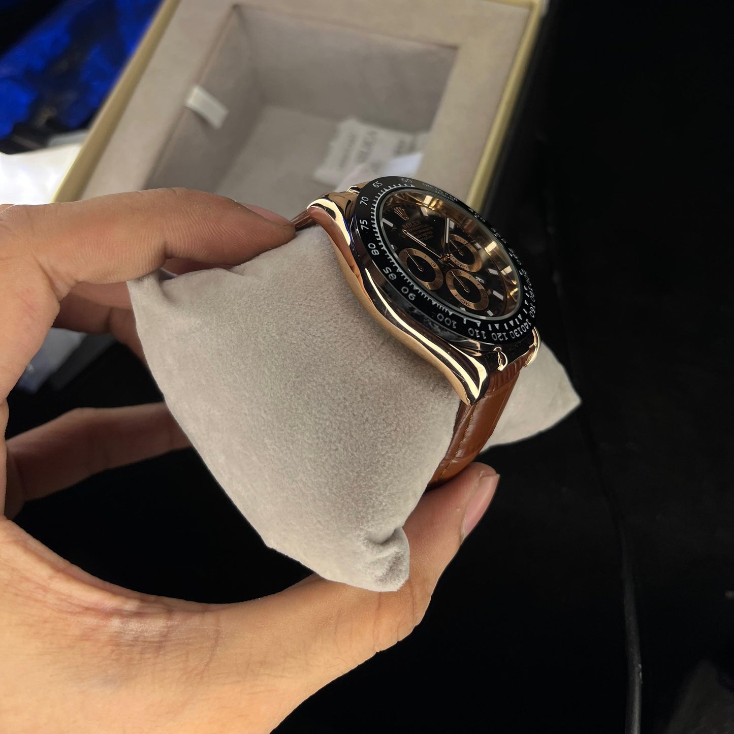 RLX Daytona – Men's Watch | Black Dial with Date | Brown Leather Strap