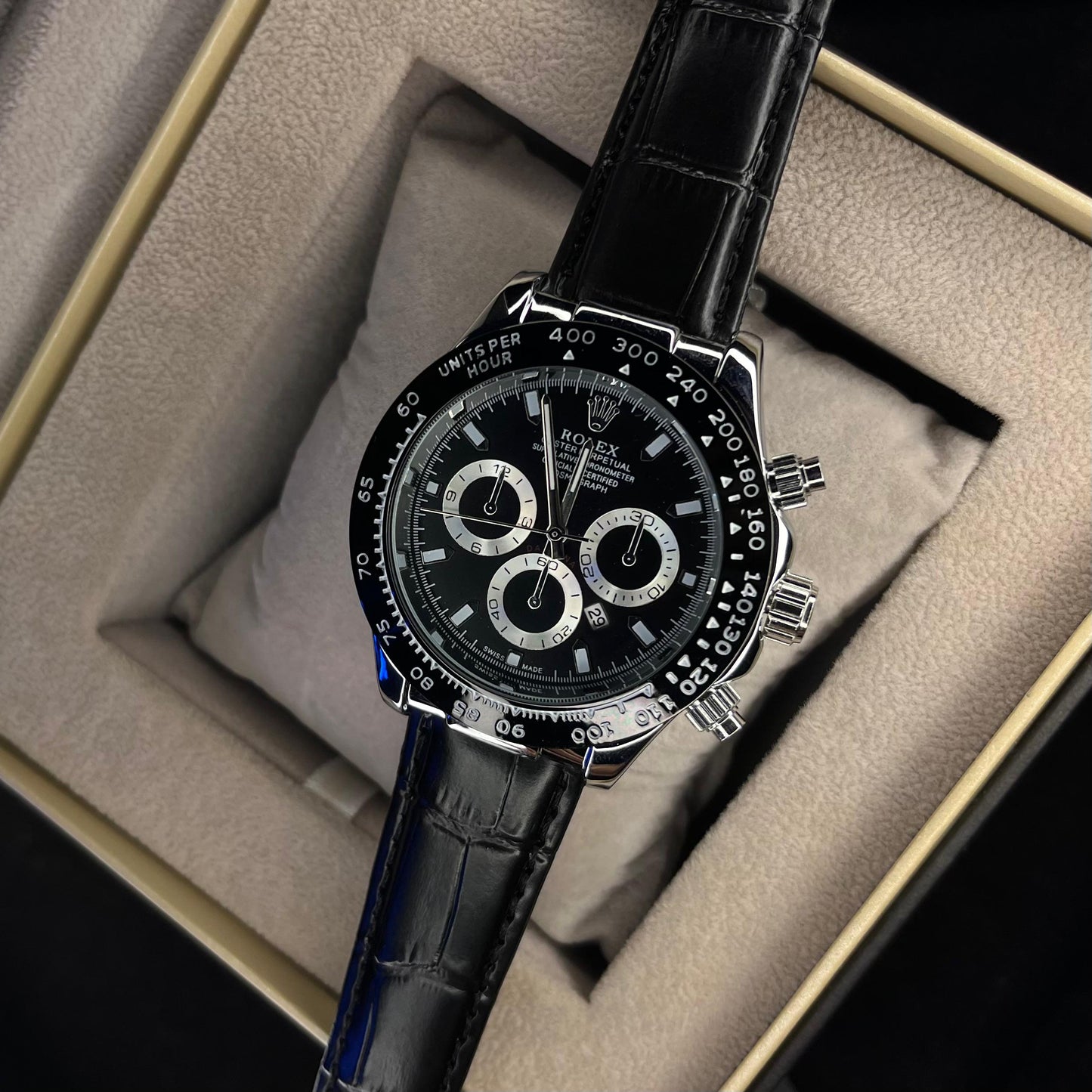 RLX Daytona – Men's Watch | All Black With Date | Leather Strap