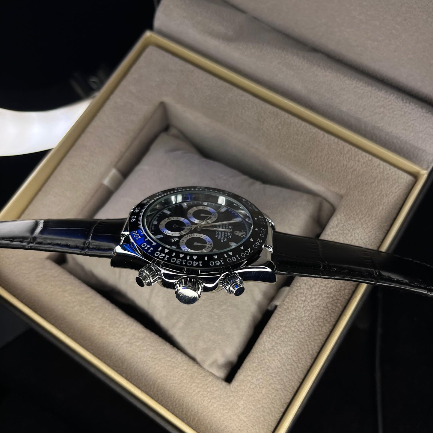 RLX Daytona – Men's Watch | All Black With Date | Leather Strap