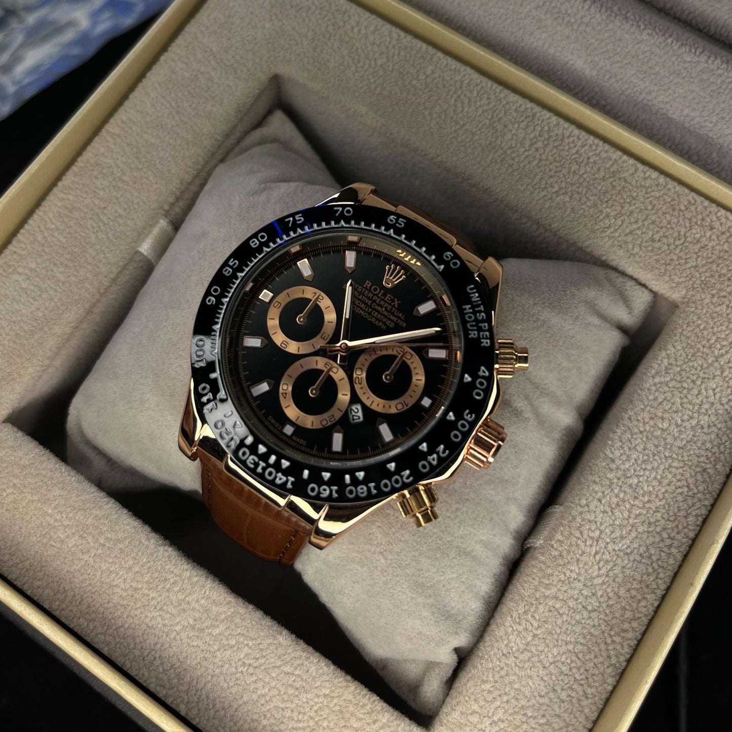 RLX Daytona – Men's Watch | Black Dial with Date | Brown Leather Strap