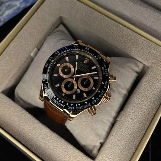 RLX Daytona – Men's Watch | Black Dial with Date | Brown Leather Strap